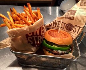 Image of burger and fries in Sweet Street Cafe