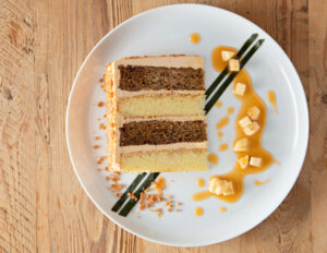 Plated Slice of Banana Toffee Bourbon Cake